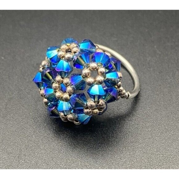 Tested Sterling Silver Ring Blue AB Bicone Crystal Dome Woven Bead Size 6 Floral - Picture 2 of 12